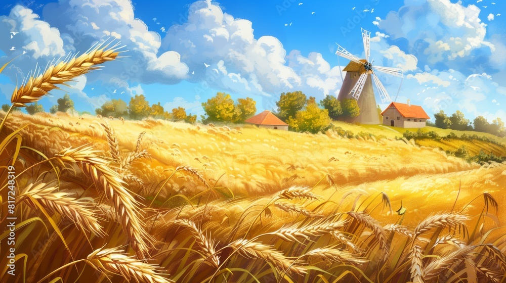 Poster a painting depicting a wheat field with a windmill in the background, showcasing agricultural scener