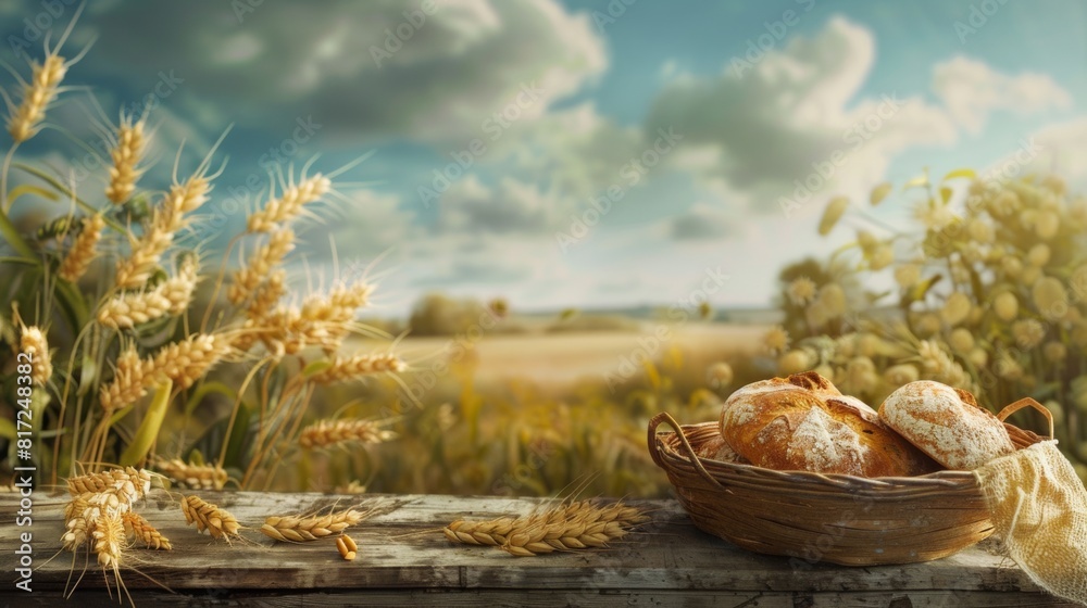 Poster A basket filled with bread rests on a rustic wooden table in the middle of a field. Generative AI