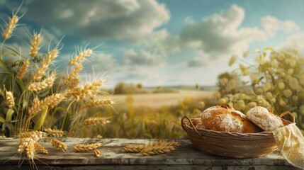 A basket filled with bread rests on a rustic wooden table in the middle of a field. Generative AI