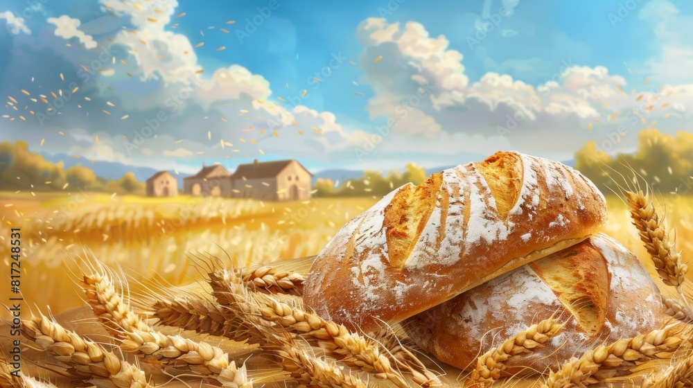 Poster Two slices of bread are positioned on a wooden table placed in a wheat field. The golden wheat stalks surround the table, creating a rustic setting. Generative AI