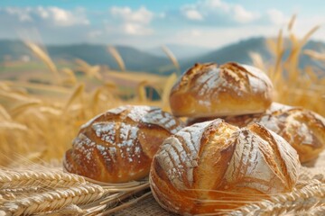 Various types of bread displayed on a wooden table in a field surrounded by nature. Generative AI