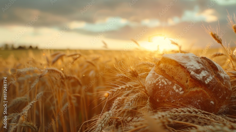 Poster a loaf of bread placed on a wooden board in the middle of a wheat field during sunset. generative ai