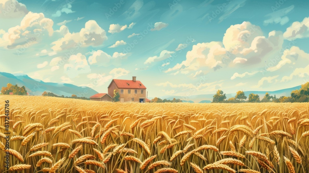 Poster a painting depicting a wheat field with a house in the background. generative ai