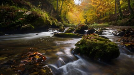 A peaceful river flowing through a tranquil forest