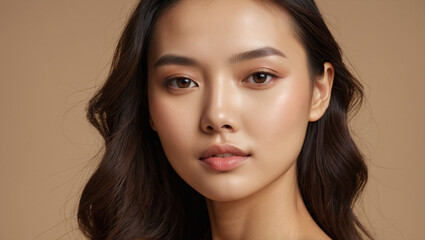 Fototapeta premium Young Asian woman with clean healthy glowing skin in white top isolated on beige background. Facial skin care concept, spa, cosmetology, plastic surgery