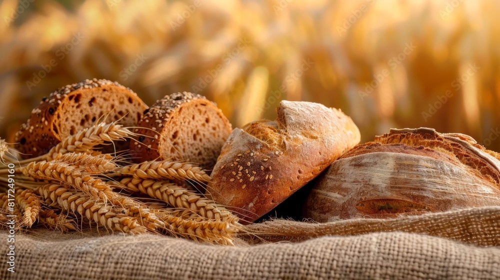 Poster A view of freshly baked bread and wheat grains arranged on a table against the backdrop of a wheat field. Generative AI
