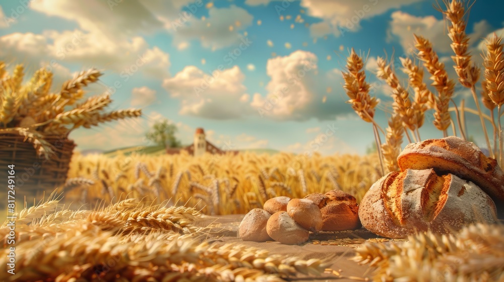 Poster a basket filled with freshly baked bread rests in a wheat field, showcasing the connection between f