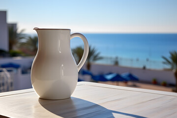 white ceramic jug of water on a terrace