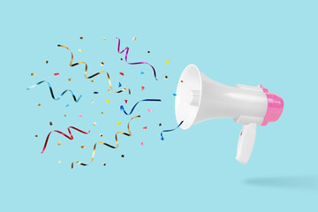 Party background with colorful confetti and megaphone. Creative minimal concept.