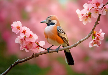 Fictional exotic bird perched on a blooming branch.
