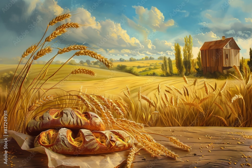 Poster a realistic painting of freshly harvested wheat and a loaf of bread on a rustic wooden table. genera
