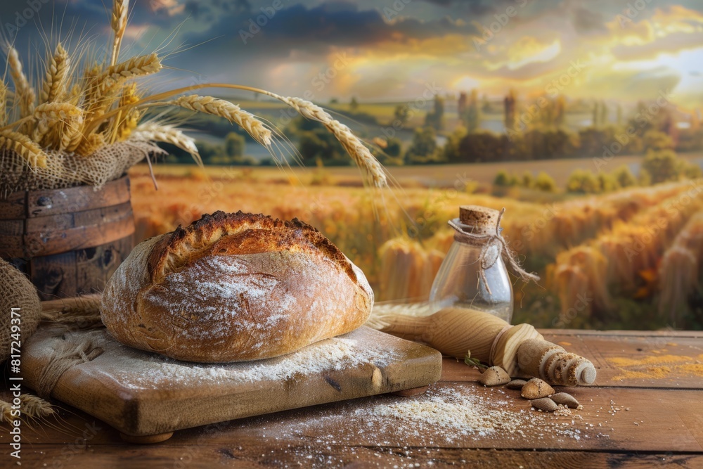 Poster A loaf of bread sits on a wooden table with a wheat field visible in the background. Generative AI