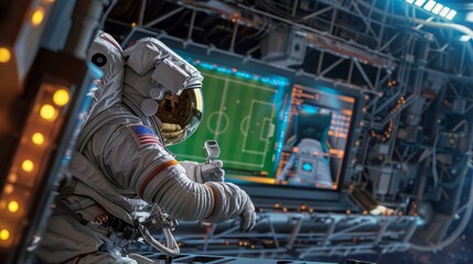 An astronaut in space looks at a television showing a soccer field