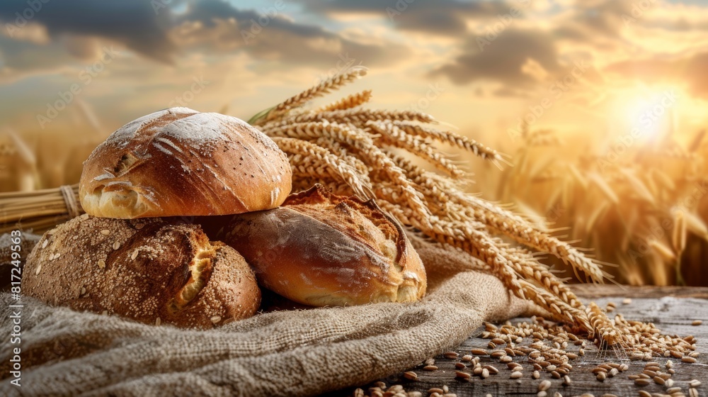 Poster freshly baked bread and harvested wheat grains set on a rustic wooden table under the warm hues of t