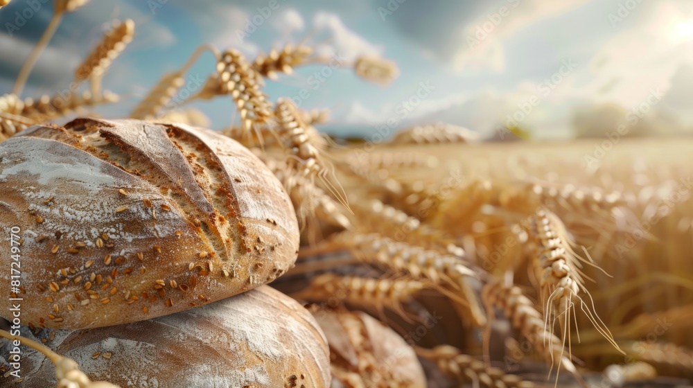 Poster a loaf of bread is placed in a field of wheat, showcasing the connection between natural ingredients