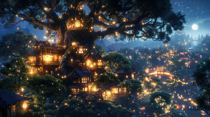 Tree-like town in darkness