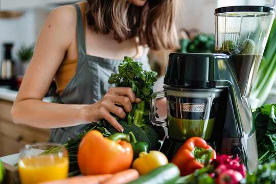 Woman juicing making green juice with juice machine in home kitchen. Healthy detox vegan diet with vegetable cold pressed extractor to extract nutrients for smoothie drink
