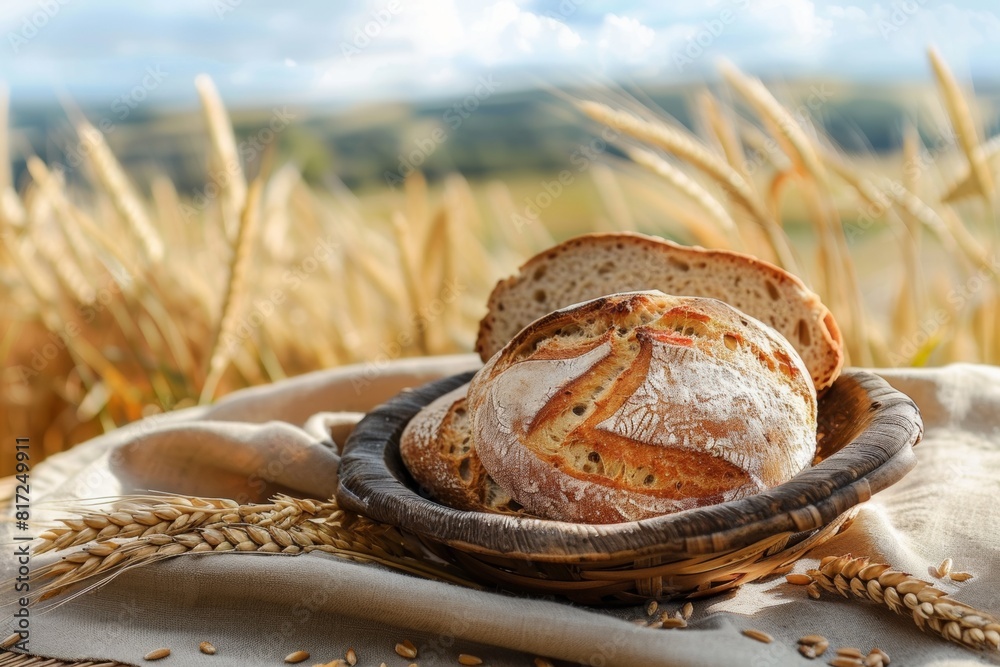 Poster a basket filled with bread sits on a table in the middle of a vast field, surrounded by the beauty o