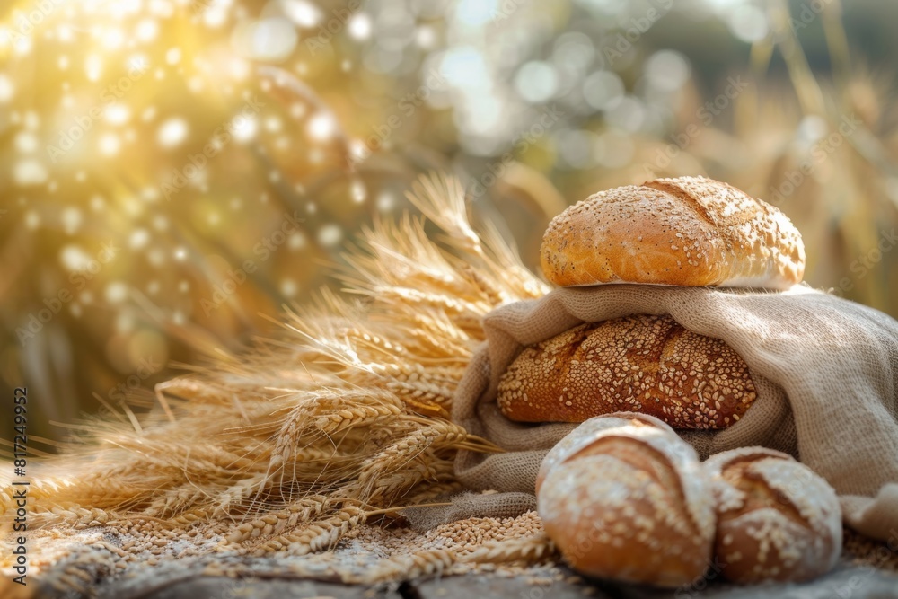 Poster A close-up view of freshly baked bread and ripe wheat grains displayed on a rustic wooden table. Generative AI