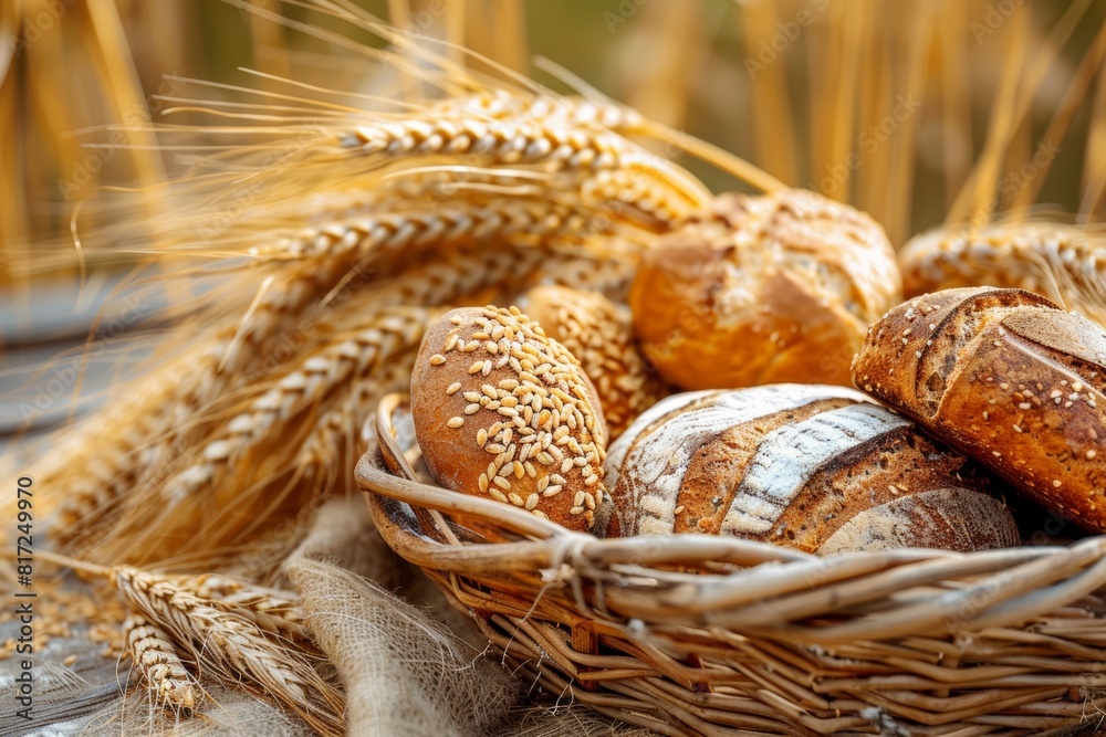 Poster a basket filled with bread sits on a wooden table, showcasing freshly baked loaves in a rustic setti