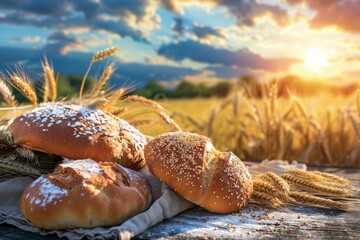 Bread and wheat displayed on a wooden table outdoors at sunset. Generative AI