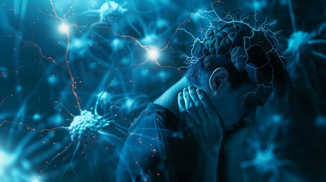 Man holding head in pain with blue background with neurons brain