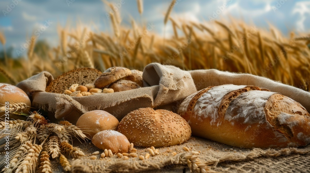 Poster a close-up view of freshly baked farm bread and golden wheat grains placed on a rustic sack. generat