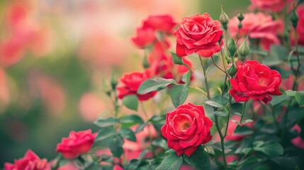 Background of vibrant red roses with a selective focus