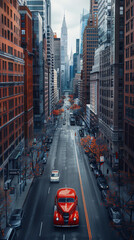 Obraz premium Capture the essence of nostalgia with a vintage hot rod cruising through a modern cityscape from a birds eye view Incorporate unexpected camera angles to showcase the intersection 