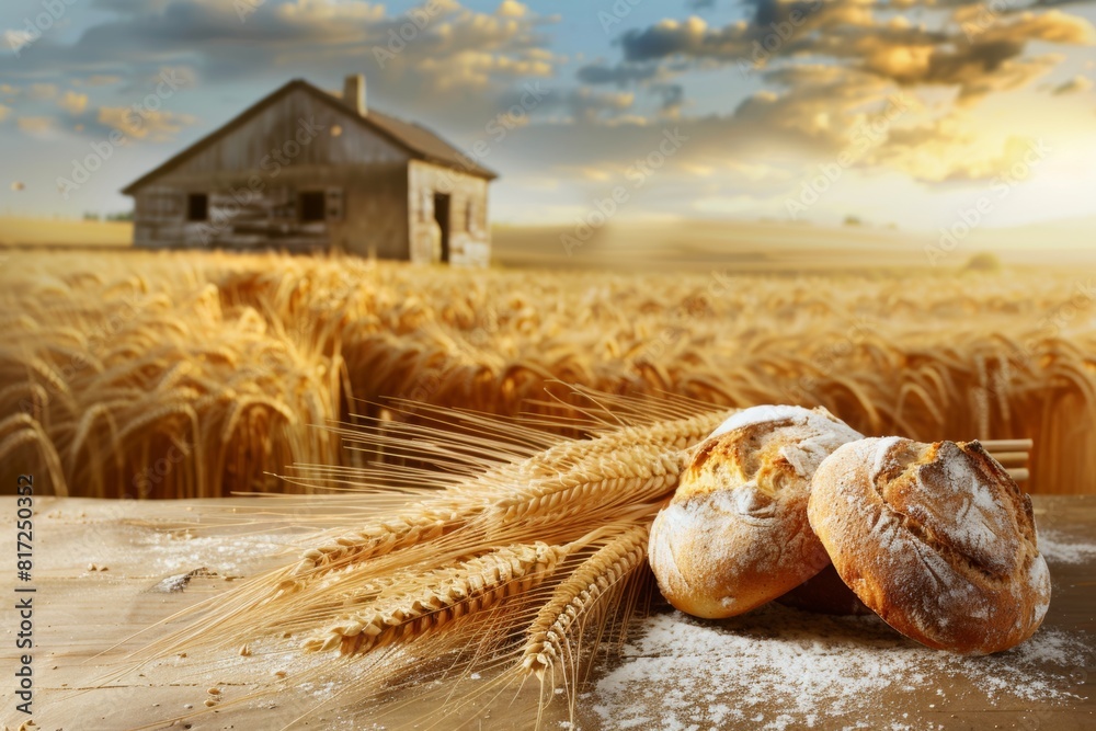 Poster A scene showing bread and wheat lying on a table in the middle of a lush wheat field. Generative AI