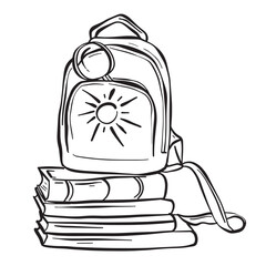 A black and white drawing showcasing a backpack placed on top of a neat stack of books. 