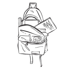 This black and white drawing showcases a detailed depiction of a classic backpack. The intricate design highlights the various straps, compartments, and zippers typical of this functional accessory.