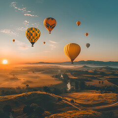 Gorgeous Display of Yellow Hot Air Balloons Adrift Over Serene Landscape