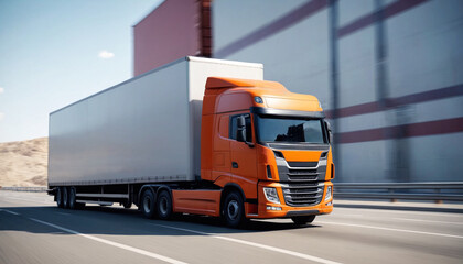 Semi truck driving on a road. Semi truck shipping commercial cargo in refrigerated semi trailer. Truck is driving fast with a blurry environment. Concept of cargo transportation and delivery of goods.