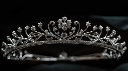 Beautiful silver tiara with diamonds on black background. selective focus. realistic