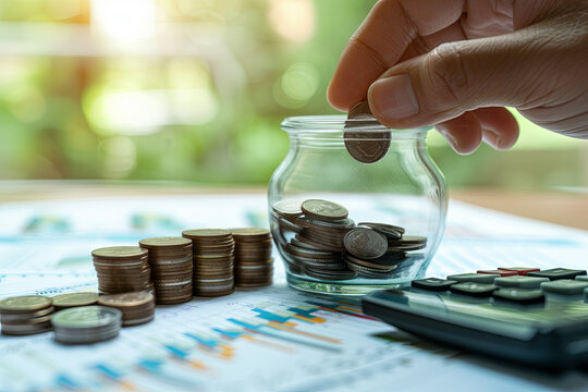 saving money with hand putting coins in jug glass and calculator to calculate budget concept finance and accounting and Gantt chart diagram
