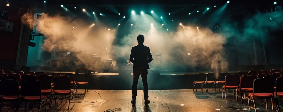 The spotlight is on an empty stage with a person standing in the center.