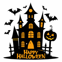 Silhouette Halloween house,text: Happy Halloween on white background