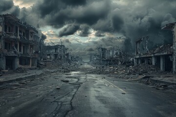 Destroyed cities after bombing raid, ruins, destroyed building, dust and burnt villages. Apocalyptic landscape after war. Photo realistic, concept art, cinematic light, background. High quality photo
