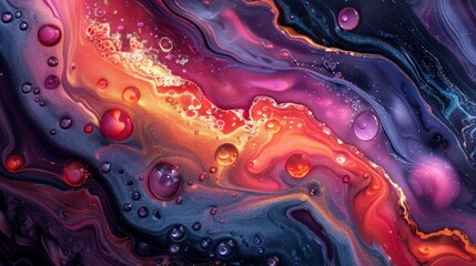 Colorful abstract fluid art with swirling purple, blue, yellow and black shapes. Organic shapes and textures create an enchanting and dreamy visual experience. Abstract background concept.