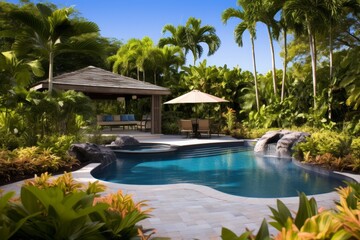 Fototapeta premium Tropical backyard with a luxury swimming pool, lounge chairs and lush foliage.