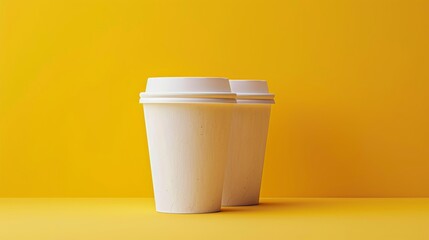two white mock up paper coffee cups for friends on yellow background with copy space