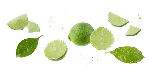Fresh lime fruit whole and slices with leaves falling flying isolated on white background.