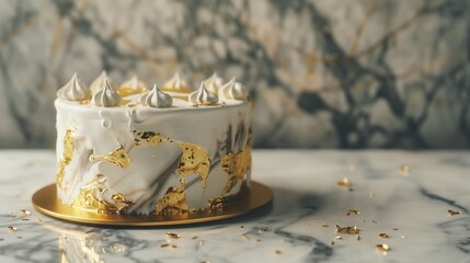 A marble-patterned cake with gold leaf accents, placed on a marble countertop.