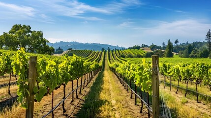 Naklejka premium A picturesque vineyard with rows of grapevines stretching into the distance