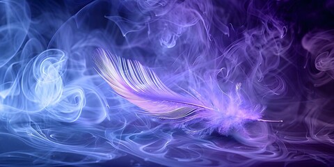 Fototapeta premium Electric blue feather floats underwater in hazy blue liquid, creating a haunting scene. Concept Underwater Photography, Floating Feathers, Electric Blue, Haunting Scene, Hazy Blue Liquid