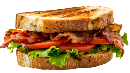  A BLT sandwich with a focus on the crispy bacon, fresh lettuce, and juicy tomato slices, arranged on toasted bread, transparent background