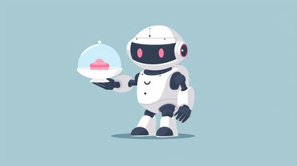 Obraz premium Cute robot waiter holding a cloche illustrated in vector format.