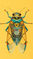 Colorful cicada on yellow
