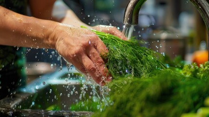Women's hands wash green dill with water in the kitchen